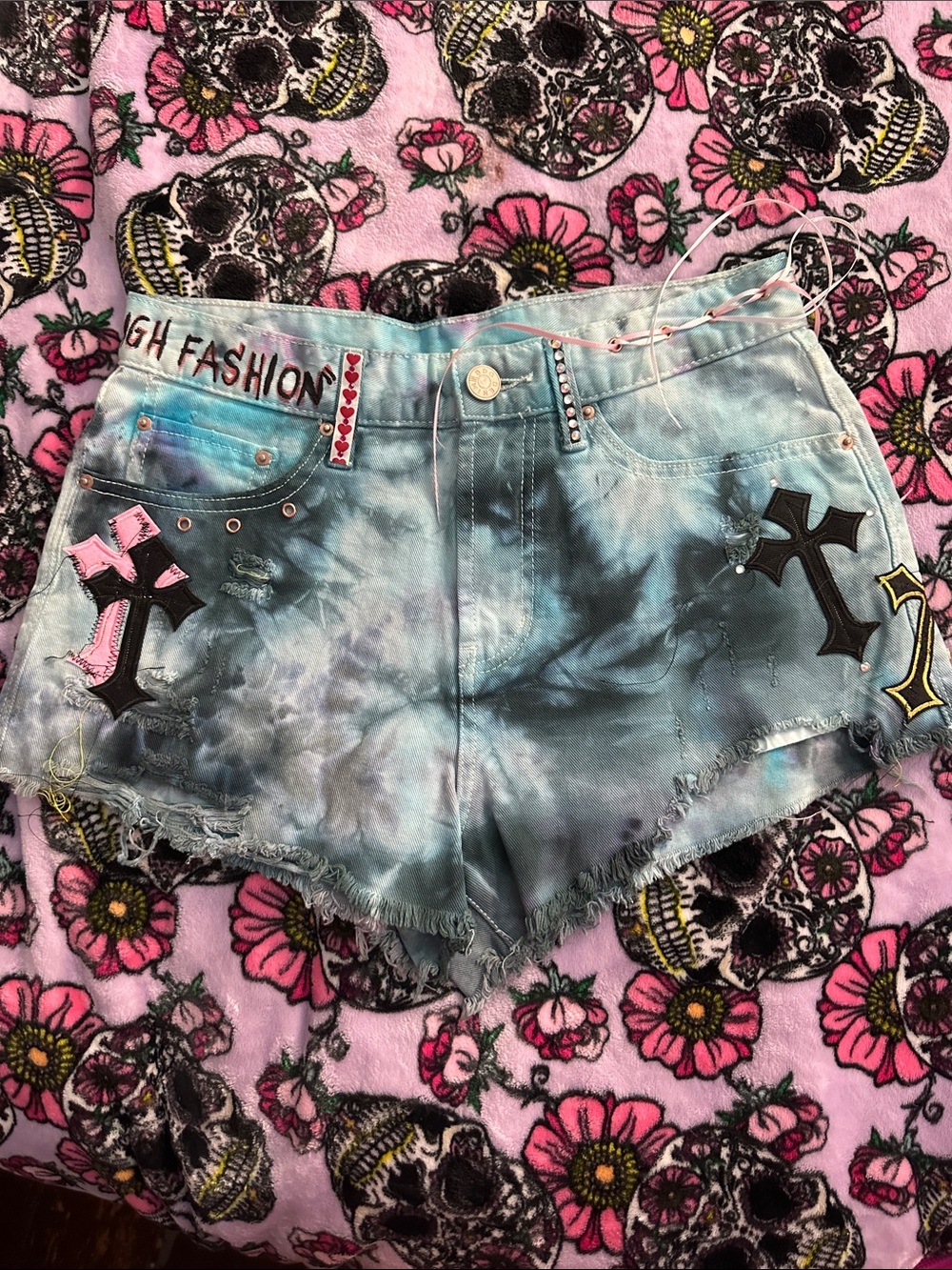 Tie-Dye Denim Shorts with Cross Patch - Blue